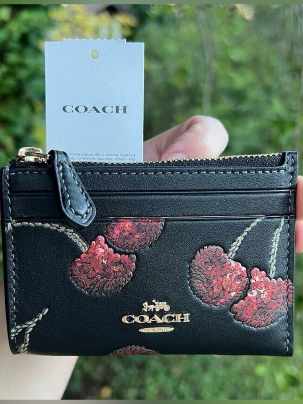 COACH Mini Skinny Id Case Leather Cardholder Wallet w Cherry Print NWT AUTHENTIC